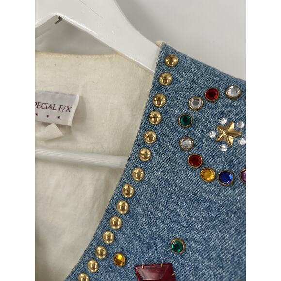 Special F/X Vintage Blouse Womens XL White Denim Beaded Neckline V Neck Studded - Picture 3 of 16
